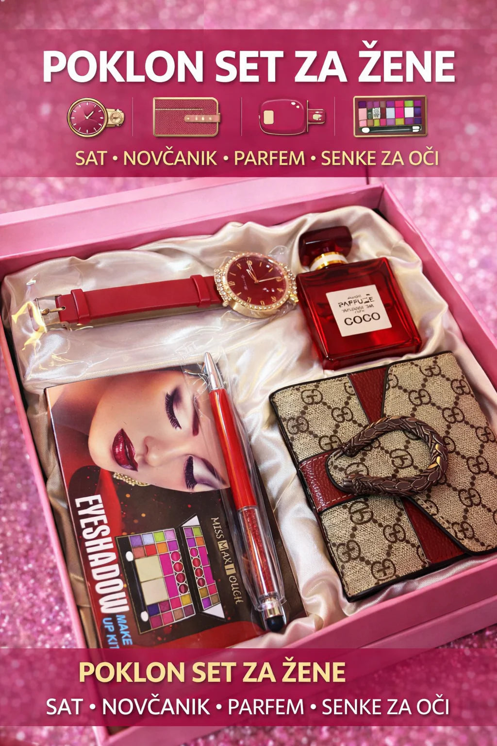 Set za žene 3 u 1 parfem ruža, sat i novčanik