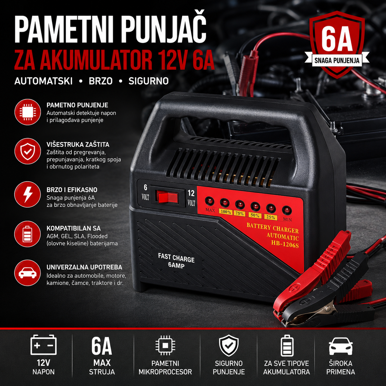 Digitalni Punjač za Akumulator 6A 12V – Održavanje i Punjenje Baterija za Auto, Motor i Čamac