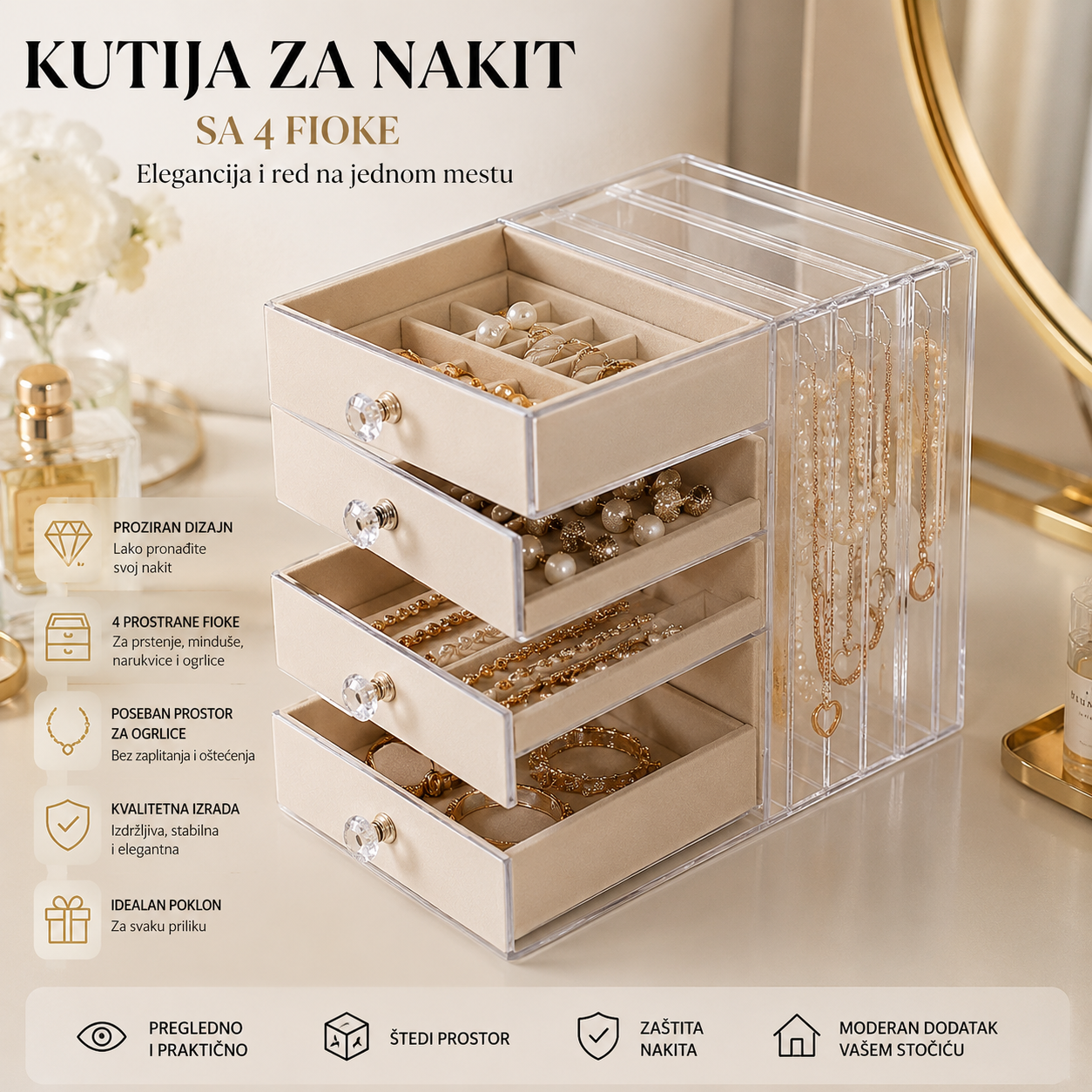 Kutija za Nakit sa 4 Fioke – Organizer za Minđuše, Ogrlice, Narukvice i Prstenje