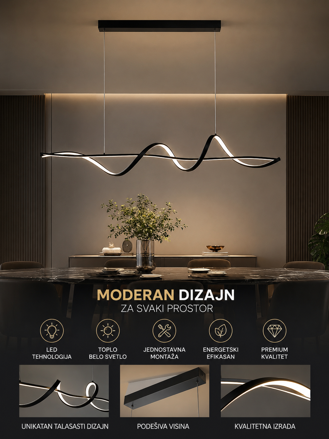 Talasasti LED Luster – Viseći Luster za Dnevnu Sobu i Trpezariju