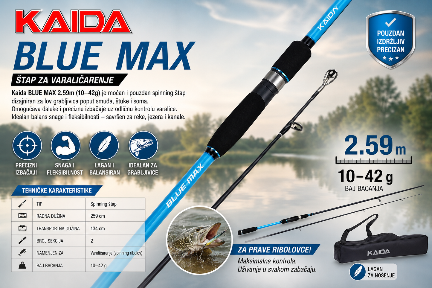 Štap za Varaličarenje Kaida BLUE MAX 2.59m 10–42g – Snažan i Precizan Štap