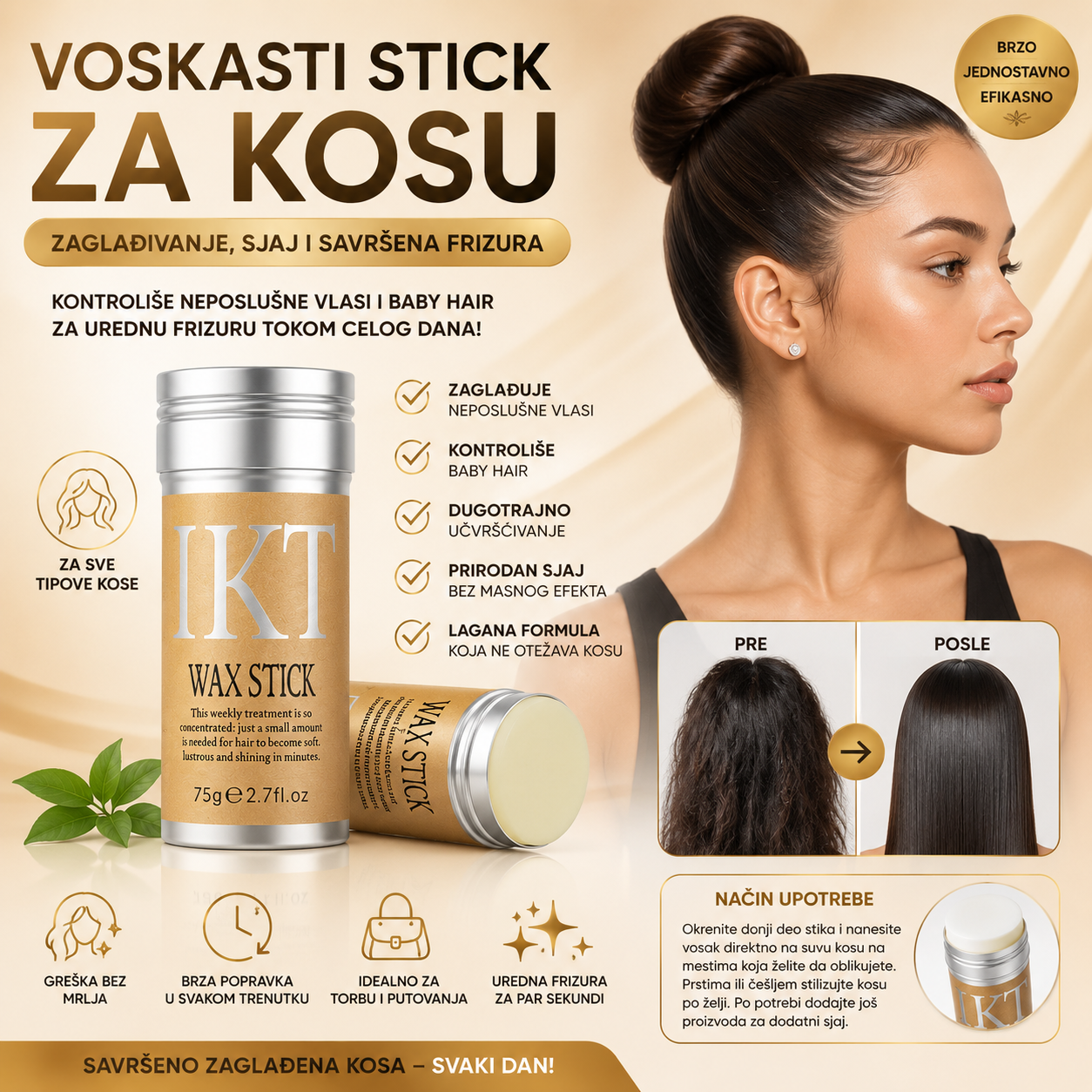 Voskasti Gel u Stiku za Kosu – Savršena Frizura Tokom Celog Dana | 1+1 GRATIS