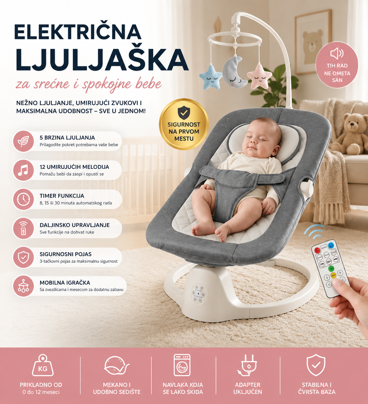 Bebi Muzička Električna Ljuljaška – Automatska Njihalica za Bebe sa Daljinskim Upravljačem i Melodijama