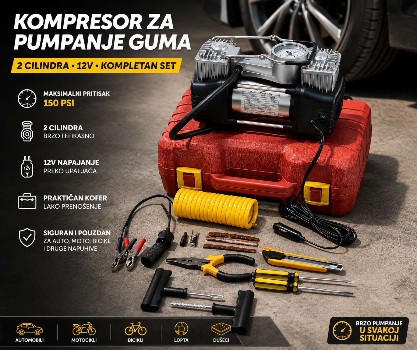 Prenosni 12V Kompresor za Automobil – 2 Cilindra, Kompletan Set sa Priborom za Pumpanje Guma