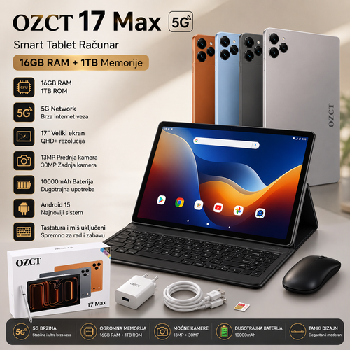 17 Max Tablet 5G 16GB RAM + 1TB Memorija – Brz Android Tablet za Posao, Školu i Zabavu