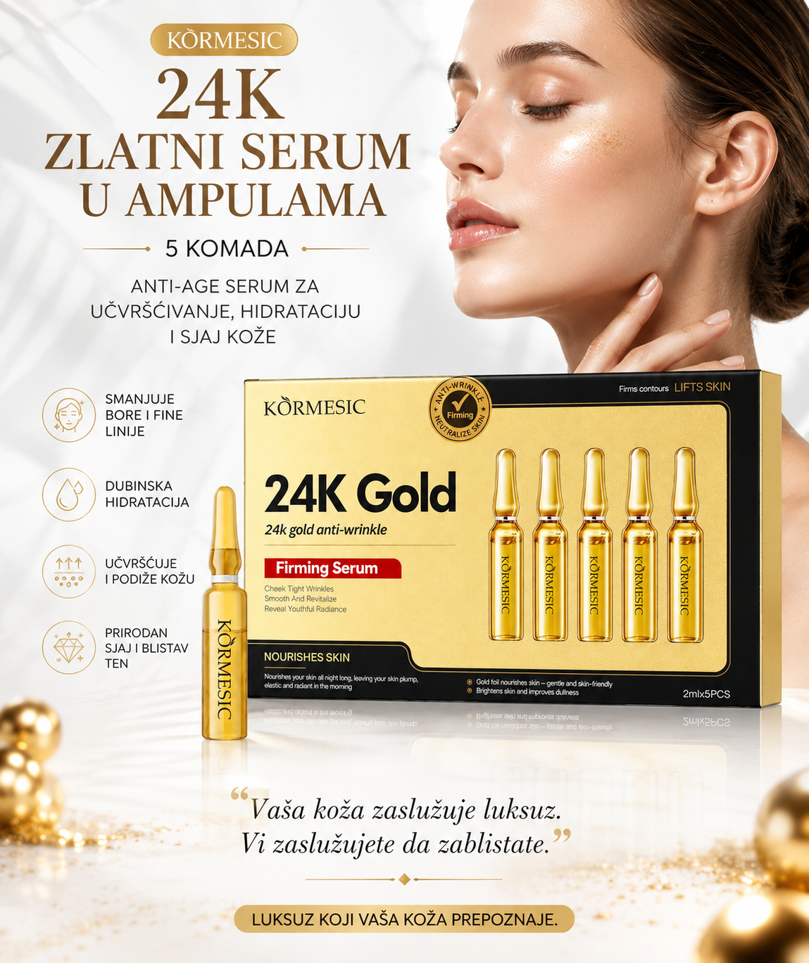 24K Zlatni Serum u Ampulama – Pakovanje od 5 Ampula za Hidrataciju, Učvršćivanje i Sjaj Kože