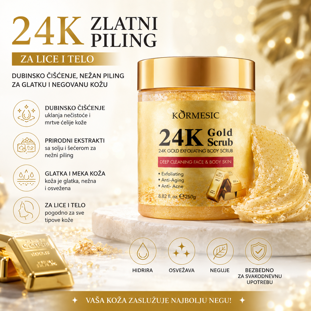 24K Zlatni Piling za Lice i Telo – Dubinsko Čišćenje, Piling sa Solju i Šećerom za Glatku i Negovanu Kožu