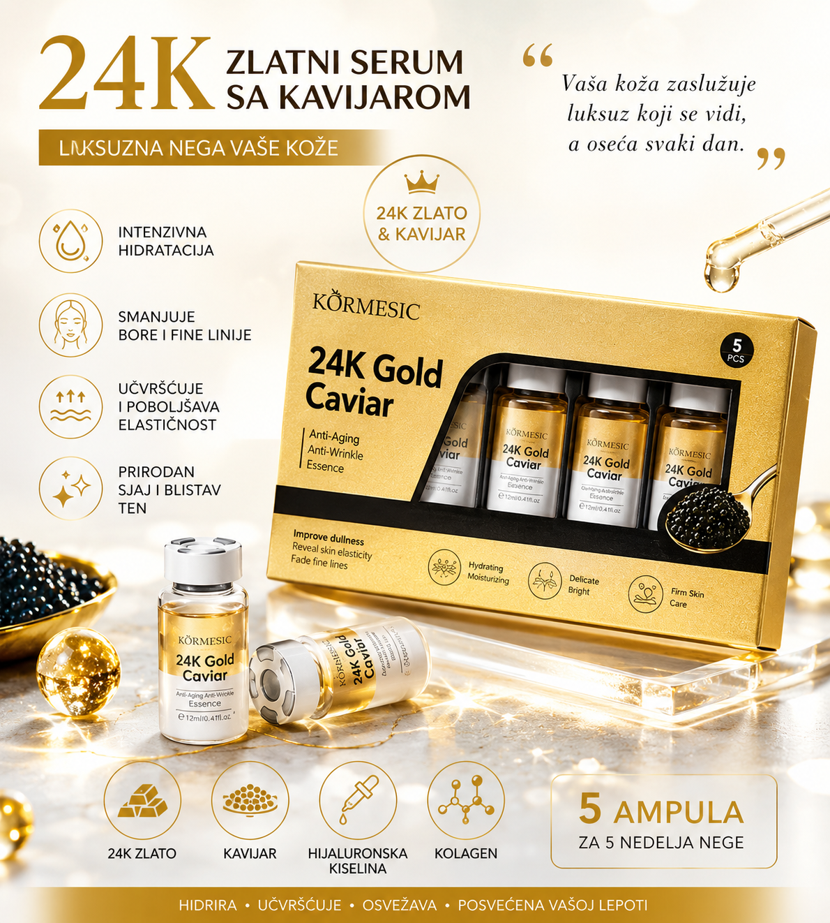 24K Zlatni Serum sa Kavijarom za Lice – Anti-Age Serum za Hidrataciju, Učvršćivanje i Sjaj Kože