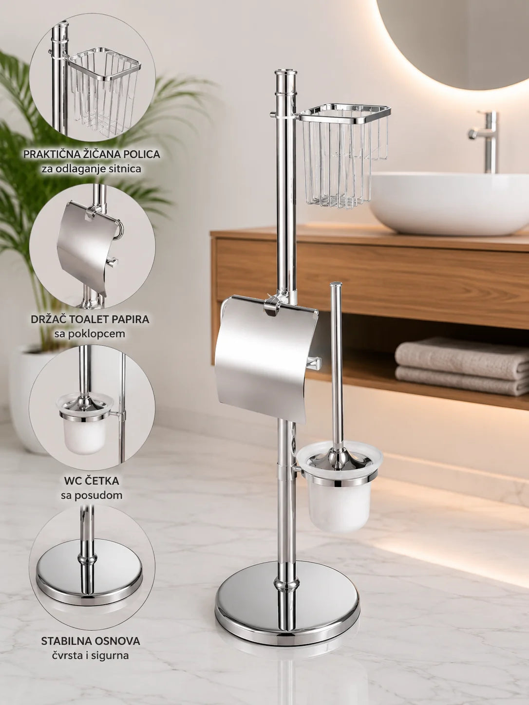 3u1 Stalak za WC Papir, WC Četku i Policu | Inox Samostojeći Organizer 80 cm