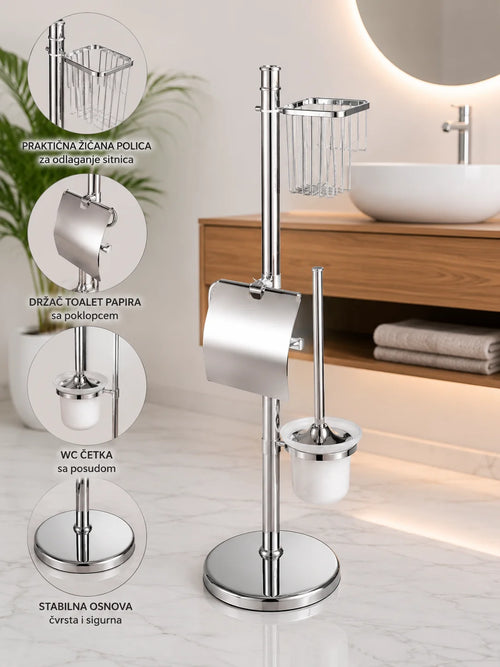 3u1 Stalak za WC Papir, WC Četku i Policu | Inox Samostojeći Organizer 80 cm