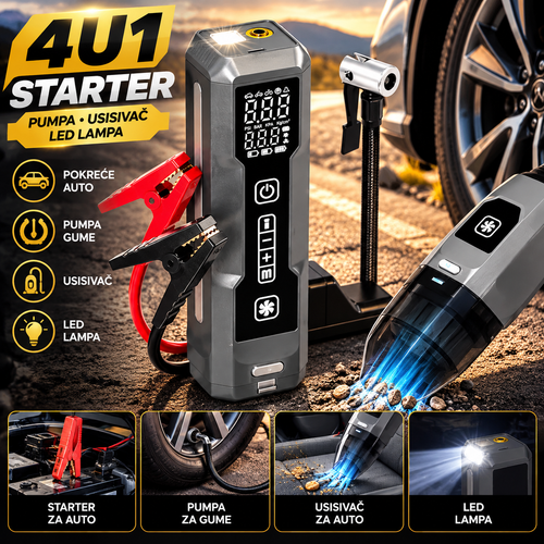 4u1 Starter za Auto sa Kompresorom, Usisivačem i LED Lampom – Prenosivi Booster za Akumulator
