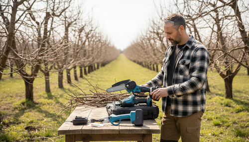 Man in an orchard with tools on a table, surrounded by leafless trees.