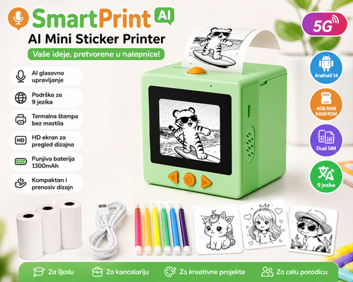 AI Mini Printer – Prenosivi Termalni Štampač Nalepnica sa Glasovnim Upravljanjem, HD Ekranom i Rolnama Papira