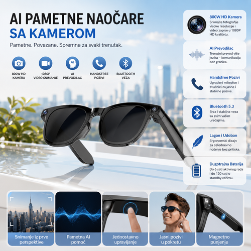AI Pametne Naočare sa Kamerom – Bluetooth Smart Glasses za Snimanje Videa i Fotografija, AI Prevodilac i Handsfree Pozive