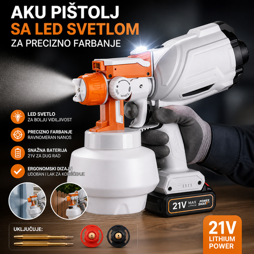 Aku pištolj za farbanje 21V sa LED svetlom – Precizno prskanje boje, bežični paint sprayer za zidove, drvo i metal