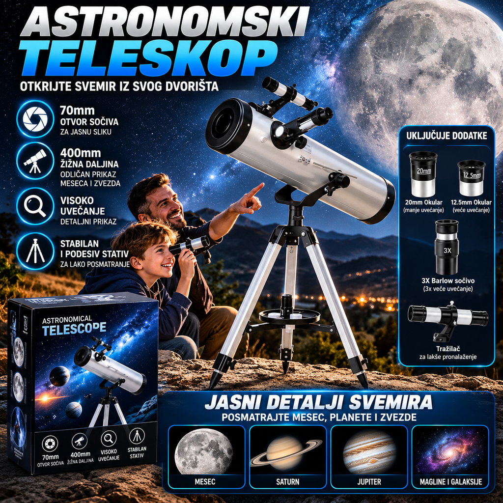 Astronomski Teleskop sa Stativom – Profesionalni Teleskop za Posmatranje Meseca, Planeta i Zvezda | Idealan Poklon za Decu i Odrasle