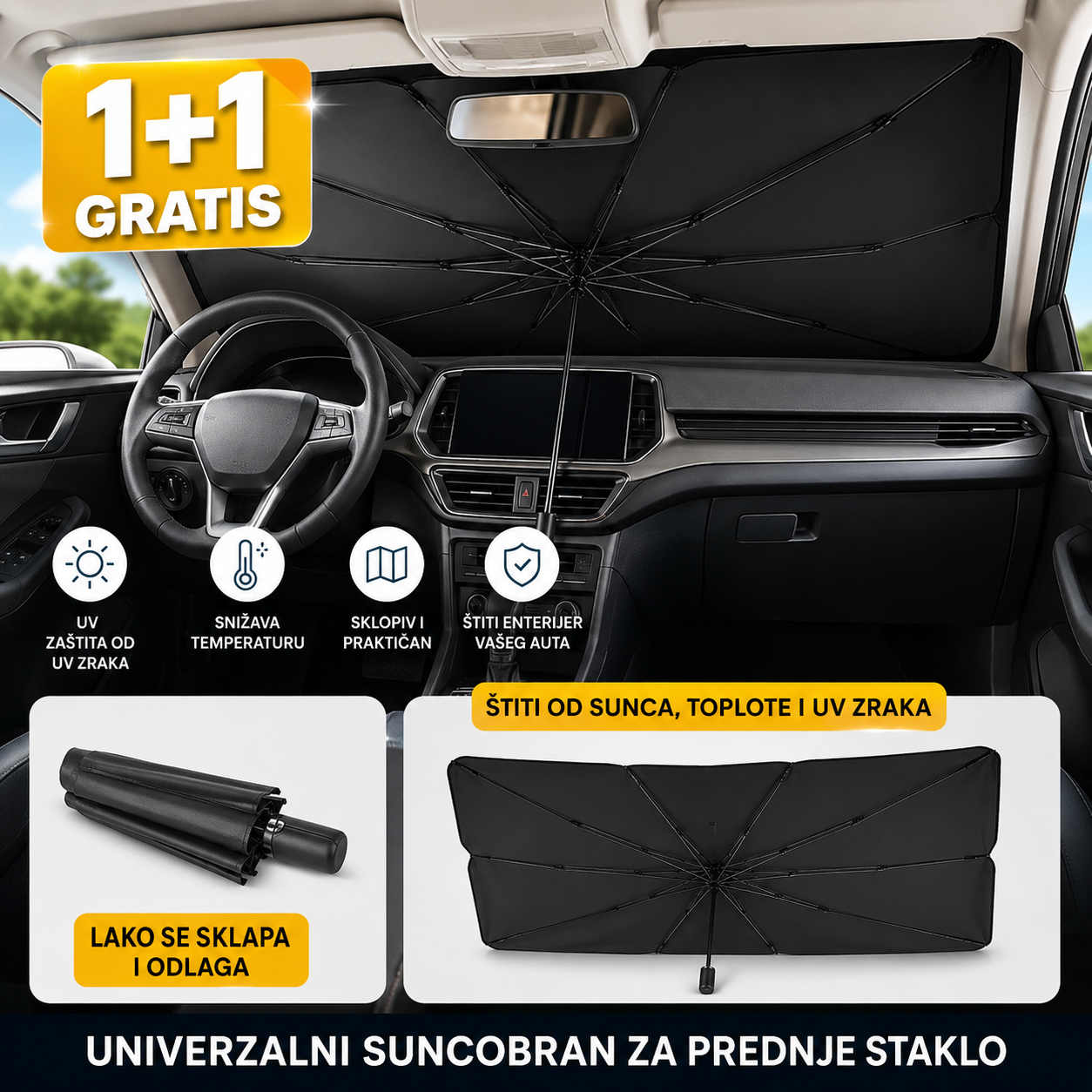Sklopivi Auto Suncobran za Šoferšajbnu 1+1 GRATIS – Štiti od Sunca, Toplote i UV Zračenja