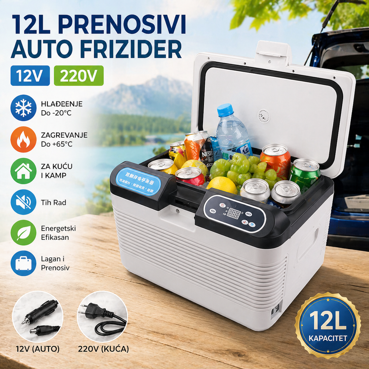 Auto Frižider 12L 12V/220V – Prenosivi Mini Frižider i Grejač | Idealan za Kamp, Putovanja i Kuću