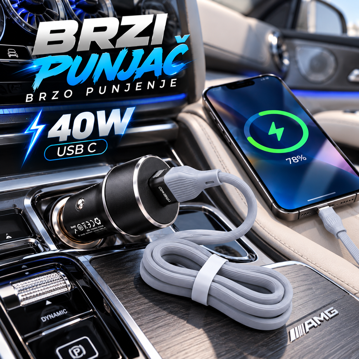 Auto Punjač 40W USB-C sa Kablom – Brzi Punjač za Automobil 12V