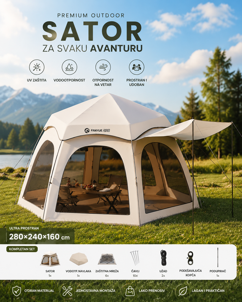 Automatski Porodični Kamp Šator 280x240x160 cm – Vodootporan, UV Zaštita, Brzo Sklapanje, Veliki Šator za Kampovanje, Plažu i Dvorište