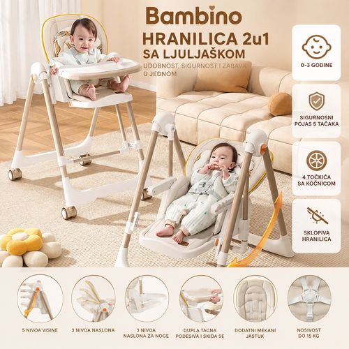 Bambino Hranilica za Bebe i Decu sa Ljuljaškom – Sklopiva Multifunkcionalna Stolica sa Točkićima, Podesivim Naslonom i Tacnom za Hranjenje