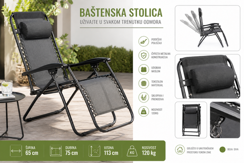 baštenska stolica, ležaljka za dvorište, podesiva stolica, sklopiva stolica, stolica za terasu, stolica za balkon, relax stolica, outdoor stolica, garden chair, reclining chair, zero gravity stolica, stolica za odmor, stolica sa jastukom, tekstilen stolica, metalna stolica, udobna stolica, stolica 120kg, kamp stolica, stolica za plažu, siva stolica, dvorišni nameštaj, terasa nameštaj