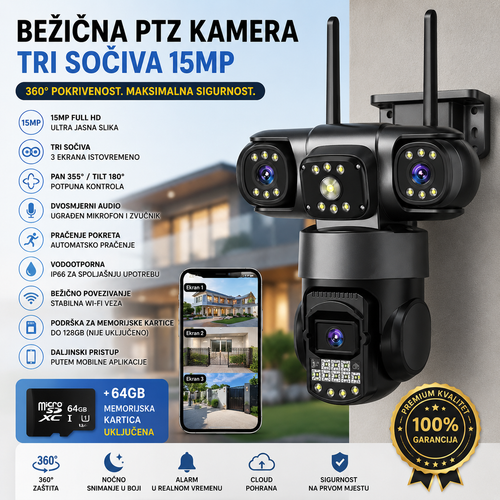 Bežična PTZ Kamera 15MP sa Tri Sočiva + 64GB Kartica – WiFi Spoljašnja Sigurnosna Kamera sa Noćnim Snimanjem i Praćenjem Pokreta