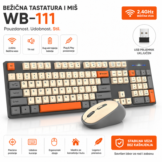 WB-111 Bežična Tastatura i Miš – 2.4GHz Wireless Set sa 104 Tastera