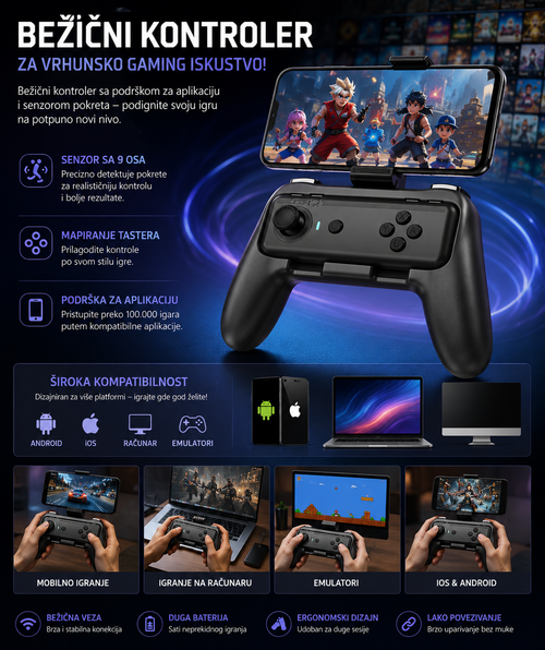 Bežični Gaming Kontroler za Android, iPhone i PC – Bluetooth Džojstik sa 9-Osnim Senzorom Pokreta i 100.000+ Igara