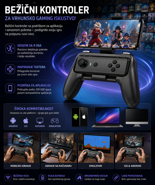 Bežični Gaming Kontroler za Android, iPhone i PC – Bluetooth Džojstik sa 9-Osnim Senzorom Pokreta i 100.000+ Igara