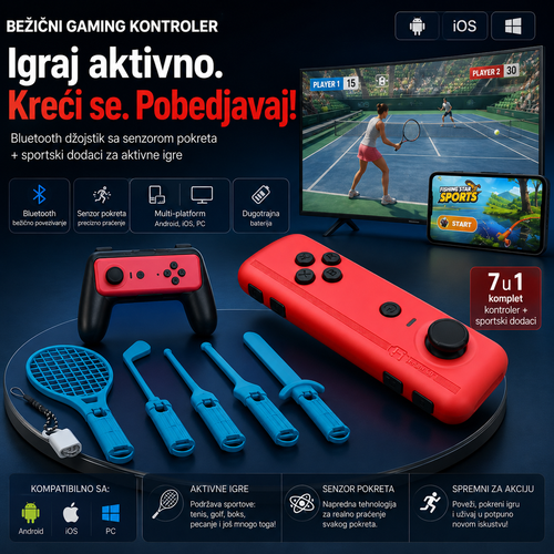 Bežični Gaming Kontroler sa Senzorom Pokreta – Bluetooth Džojstik za Android, iPhone i PC + Sportski Dodaci za Aktivne Igre