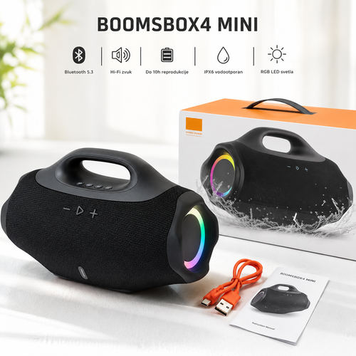 Bluetooth Zvučnik BoomBox 4 Mini – Bežični Prenosni Zvučnik sa Moćnim Bass Zvukom, RGB LED Osvetljenjem i Dugotrajnom Baterijom