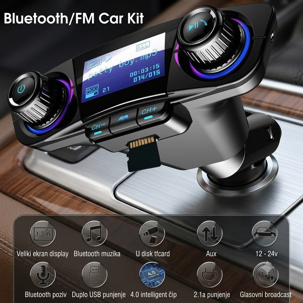 Auto Bluetooth FM Transmiter sa LCD Displejem – MP3 Plejer, Dual USB i Handsfree Pozivi