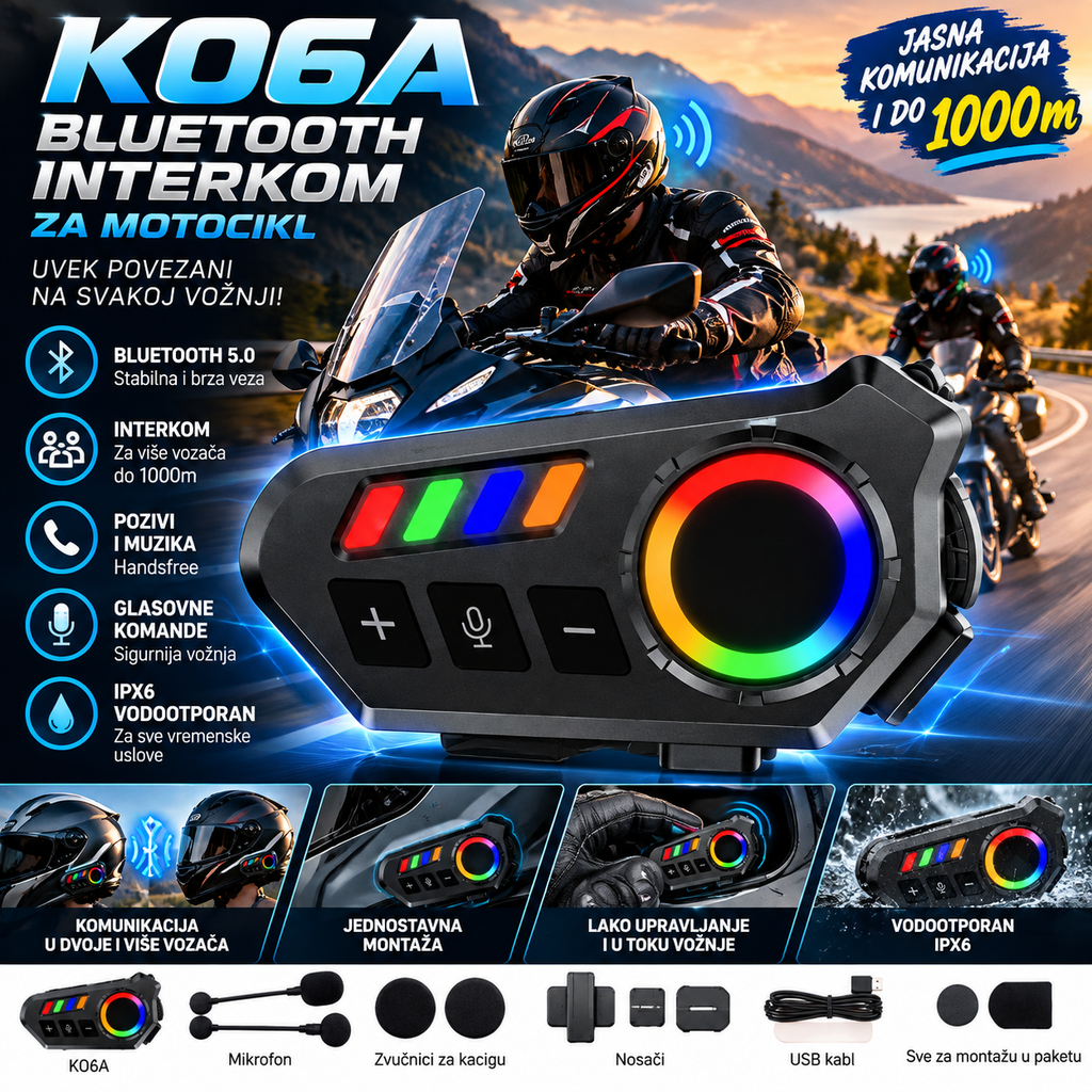 Bluetooth Interkom za Motocikl K06A – Bežična Komunikacija za Motoriste i Vožnju