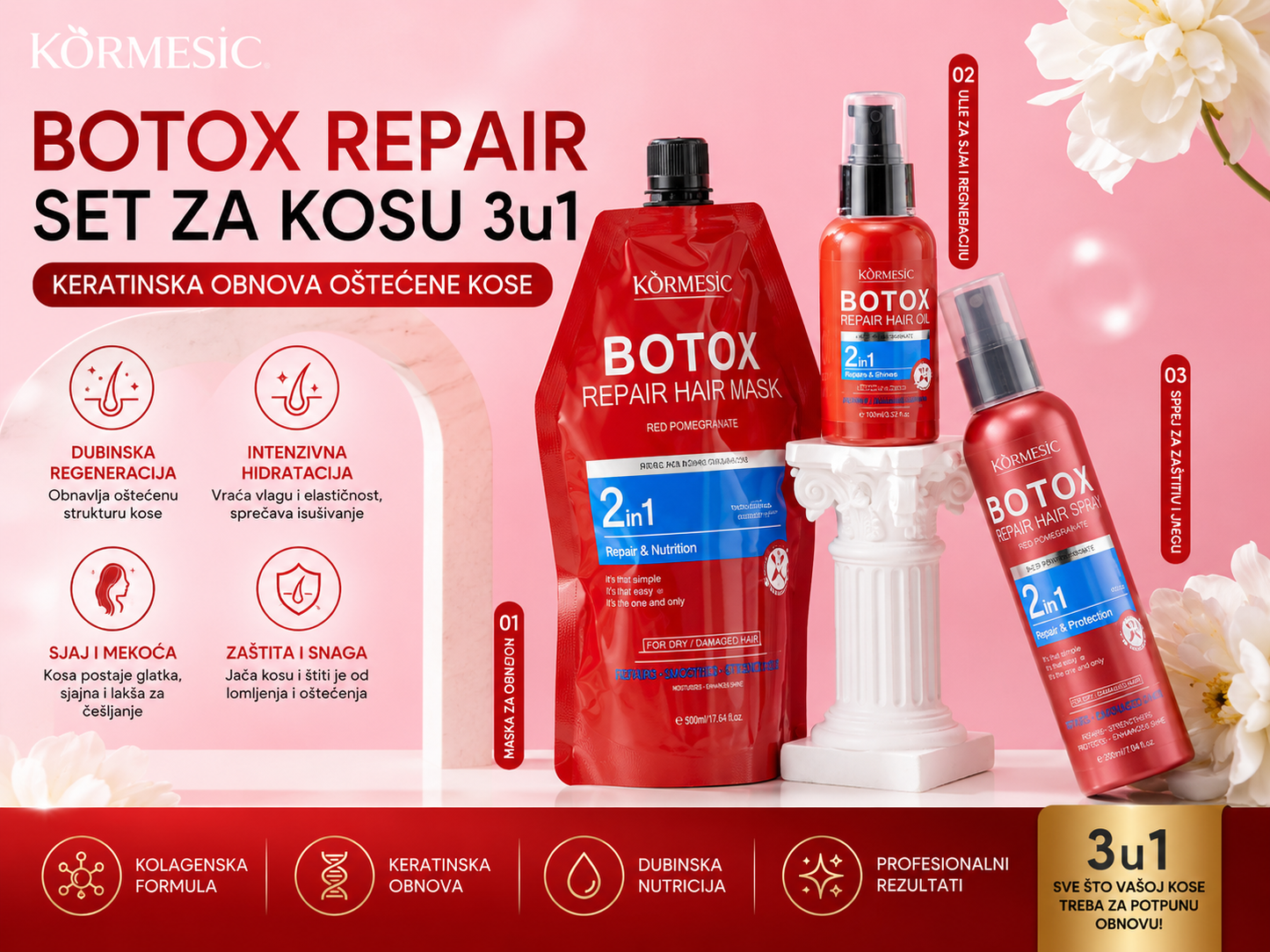 Botox Repair Set za Kosu 3u1 – Keratinska Obnova, Regeneracija Oštećene Kose i Profesionalni Sjaj Kose