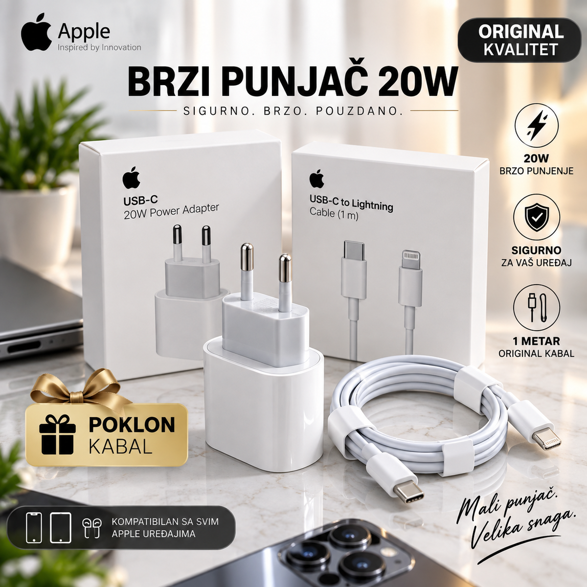 Brzi Punjač 20W sa Originalnim Kablom na Poklon – Fast Charger za Telefon, USB Brzo Punjenje