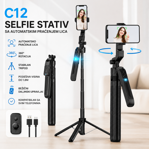 C12 Selfie Stativ 1.8M sa Automatskim Praćenjem Lica – Rotirajući Tripod za Telefon, Vlog i Snimanje