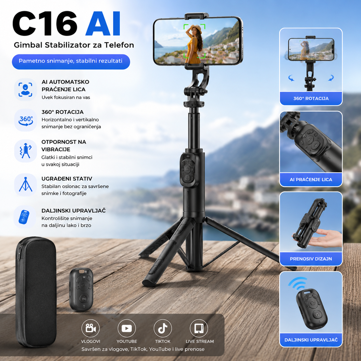 C16 AI Gimbal Stabilizator za Telefon – 360° Rotacija, AI Praćenje Lica, Selfie Štap, Stativ i Daljinski Upravljač