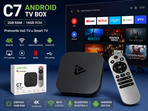 Android TV Box C7 2GB RAM + 16GB ROM – Pretvorite TV u Smart TV | 4K Ultra HD, Wi-Fi, IPTV i Glasovna Kontrola