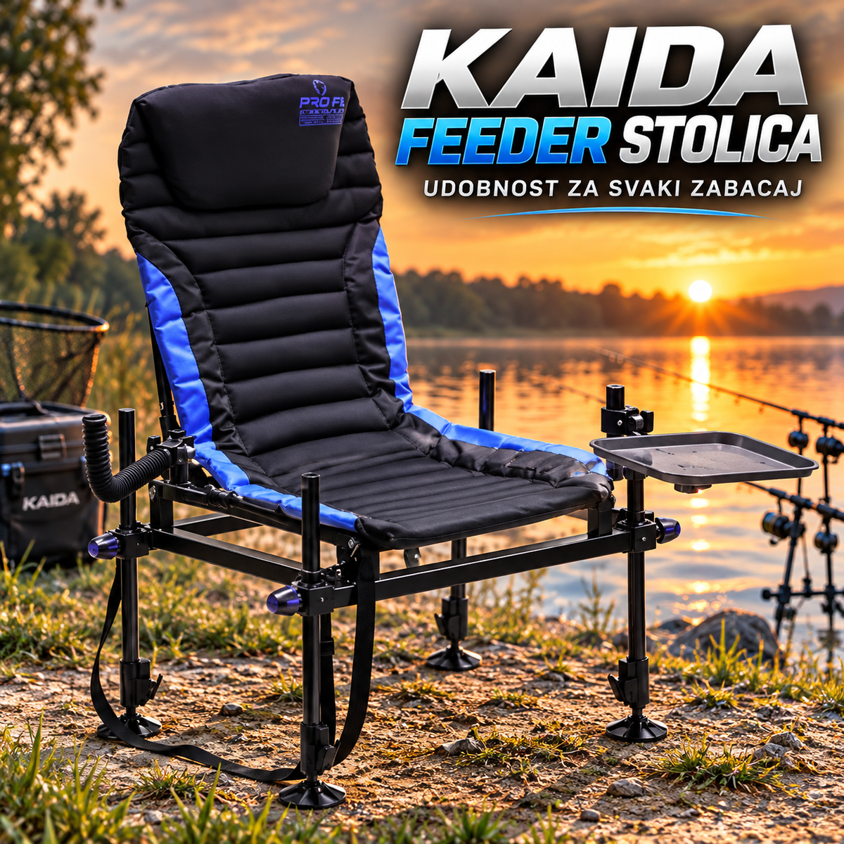 Kaida Feeder Stolica za Pecanje – Profesionalna Ribolovačka Stolica sa Bočnim Stočićem, 2 Držača Pribora i Podesivim Nogama