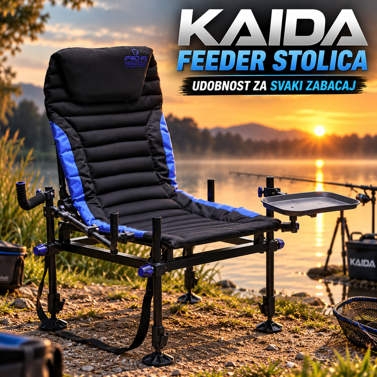 Kaida Feeder Stolica za Pecanje – Profesionalna Ribolovačka Stolica sa Bočnim Stočićem, 2 Držača Pribora i Podesivim Nogama