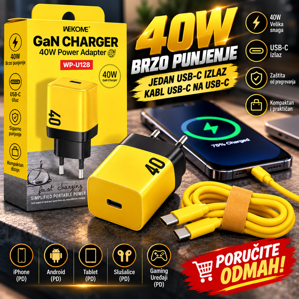 Super Brzi Punjač 40W za Mobilni Telefon – USB Type-C Fast Charger