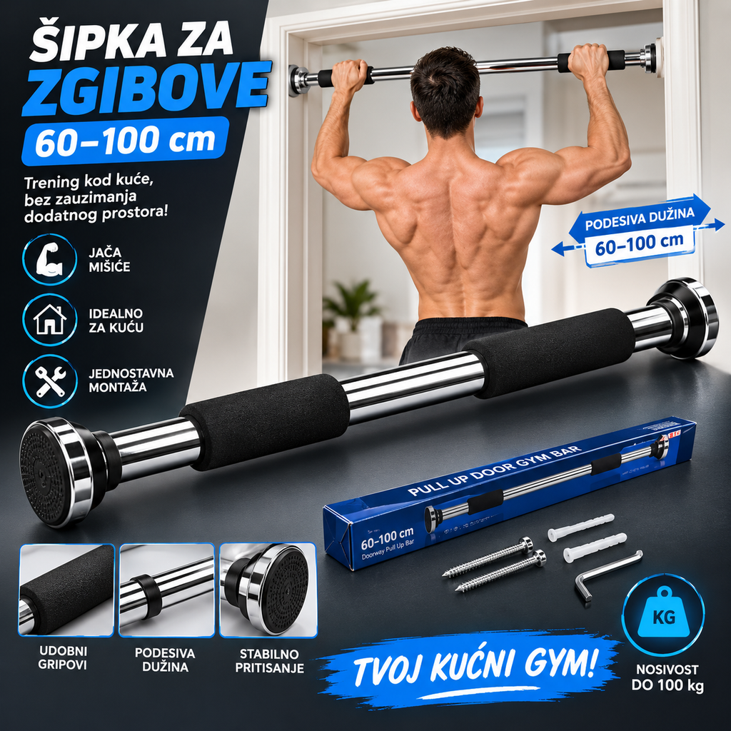 Šipka za Zgibove 63–100 cm – Metalno Sobno Vratilo za Vrata sa Podesivom Dužinom