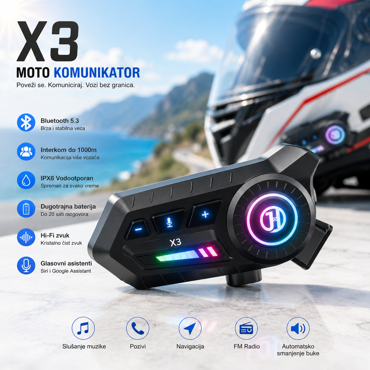 Bluetooth Komunikator za Kacigu X3 – Sigurna Vožnja bez Skretanja Pažnje
