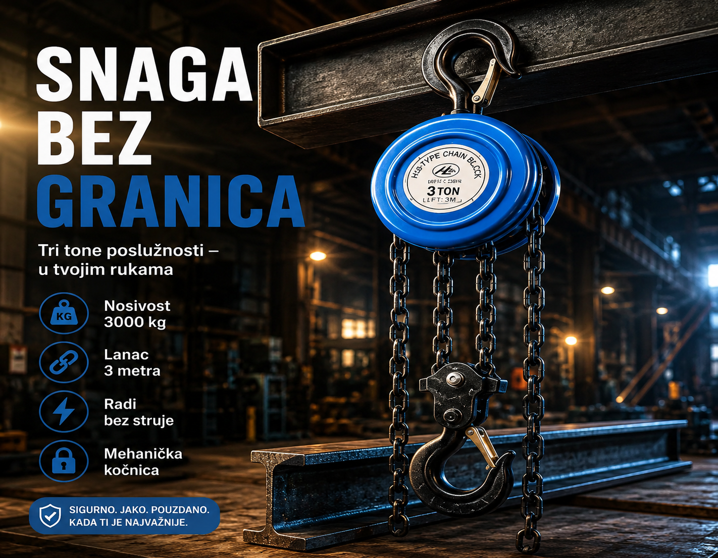 Lančana Dizalica 3000 kg – Ručni Lančani Vitlo 3 Metra za Profesionalnu Upotrebu