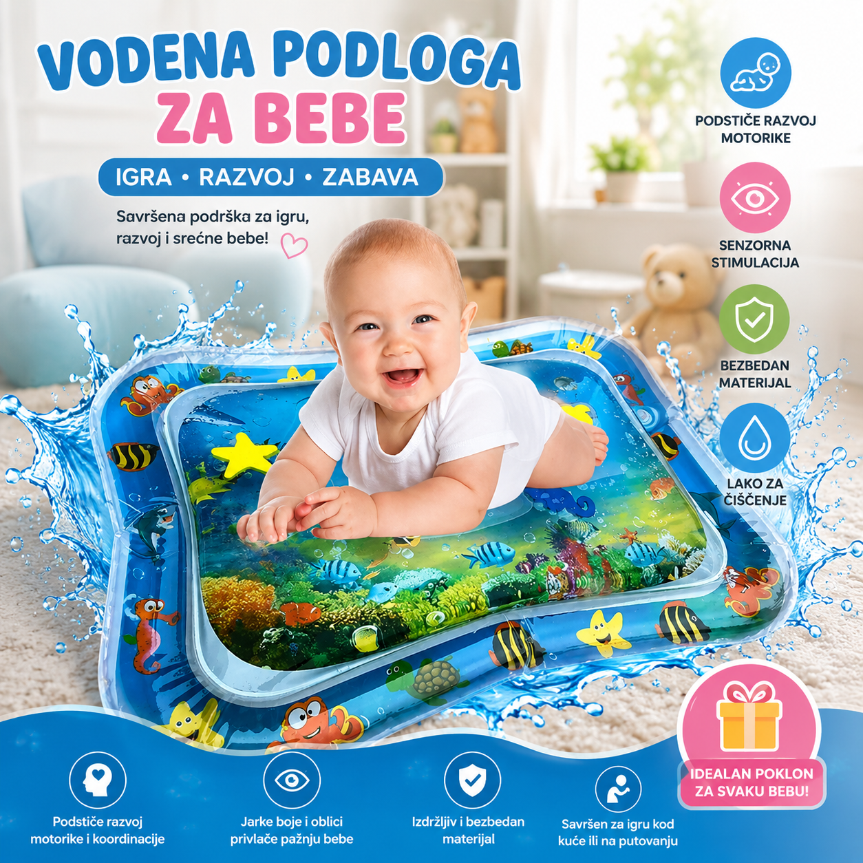 Vodena Podloga za Bebe – Edukativna Prostirka za Igru, Puzanje i Razvoj Motorike