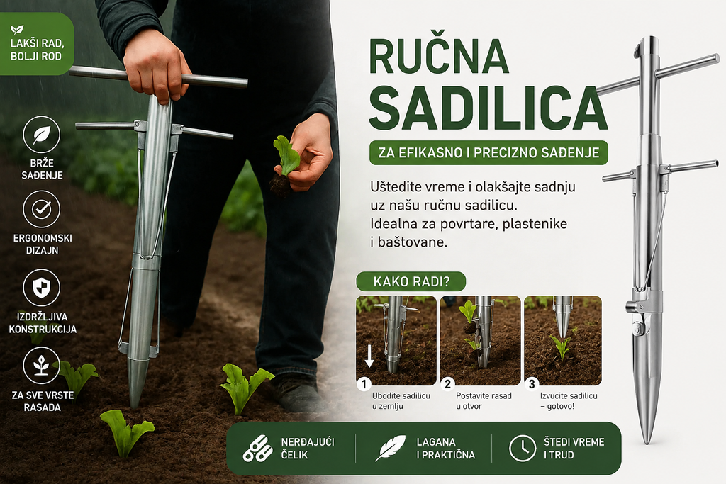 ručna sadilica, sadilica za rasad, alat za sadnju, sadnja povrća, sadnja cveća, baštenski alat, profesionalna sadilica, sadilica za povrće, sadilica za plastenik, sadilica za baštu, alat za rasad, ručni alat za sadnju, sadnja salate, sadnja kupusa, sadnja paprike, sadnja paradajza, baštenska oprema, poljoprivredni alat, nerđajući čelik, inox sadilica, precizna sadnja, lako sađenje, vrtni alat, oprema za baštu, sadnja biljaka, alat za poljoprivredu, ručna sejalica, praktičan baštenski alat, profesionalni baš