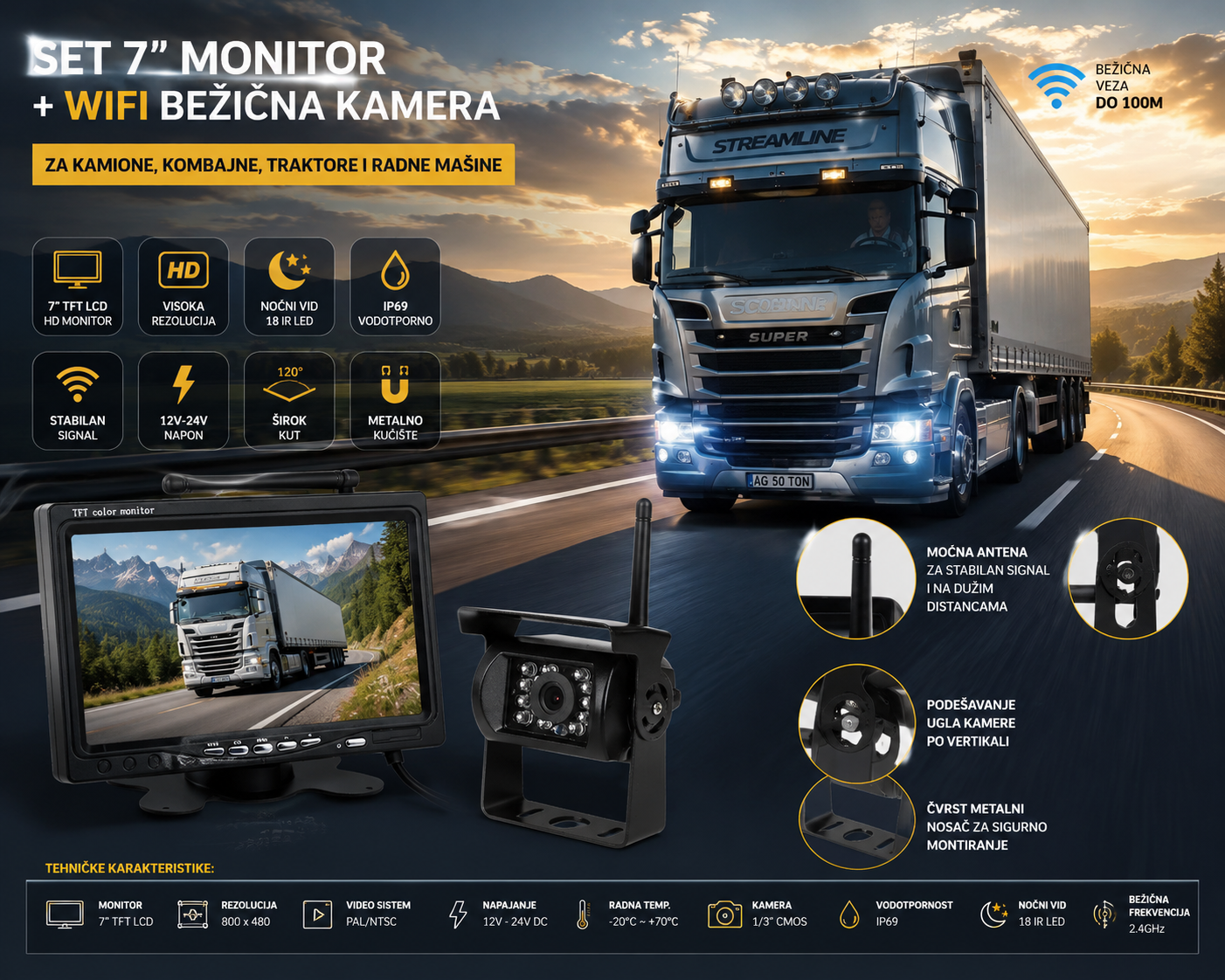 HD 7" Monitor + WiFi Bežična Kamera za Kamion – Noćni Vid, Vodootporna IP69 Kamera