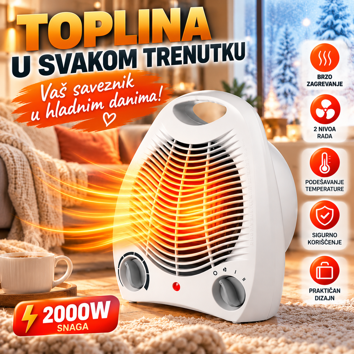 Električna Grejalica sa Ventilatorom 2000W – Sobna Grejalica sa Podesivom Temperaturom