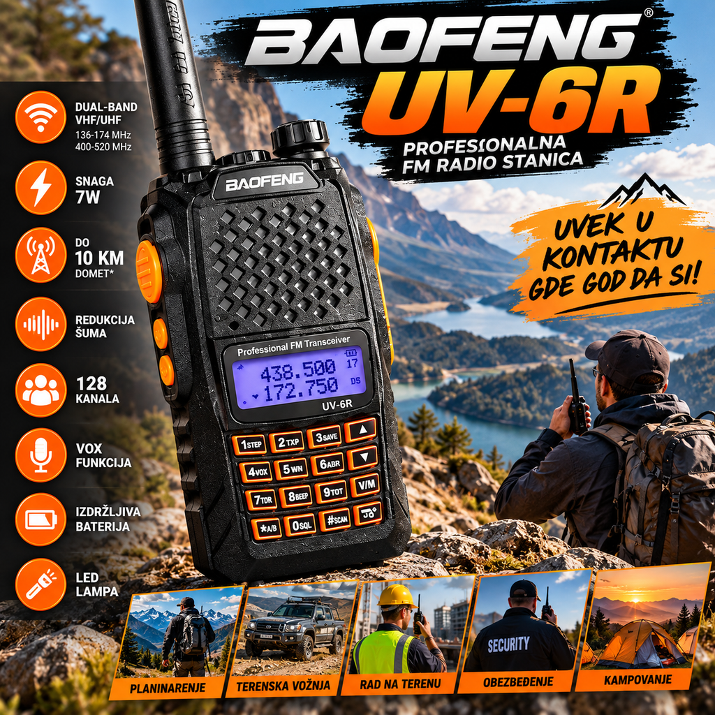 Baofeng UV-6R 7W Dual-Band Radio Stanica – VHF/UHF Toki Voki sa 5000mAh Baterijom
